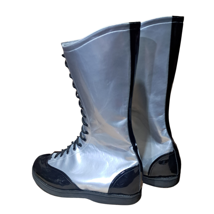 Silver w/ Black Patent Wingtip Wrestling Boots