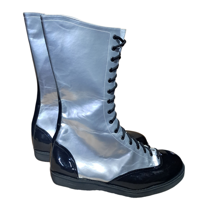 Silver w/ Black Patent Wingtip Wrestling Boots