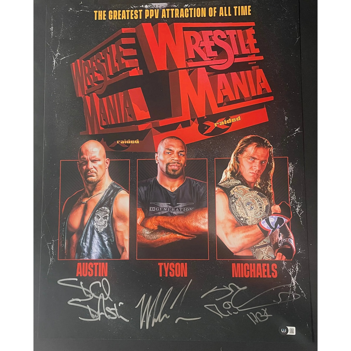 Steve Austin, Mike Tyson, & Shawn Michaels Triple Signed 18x24