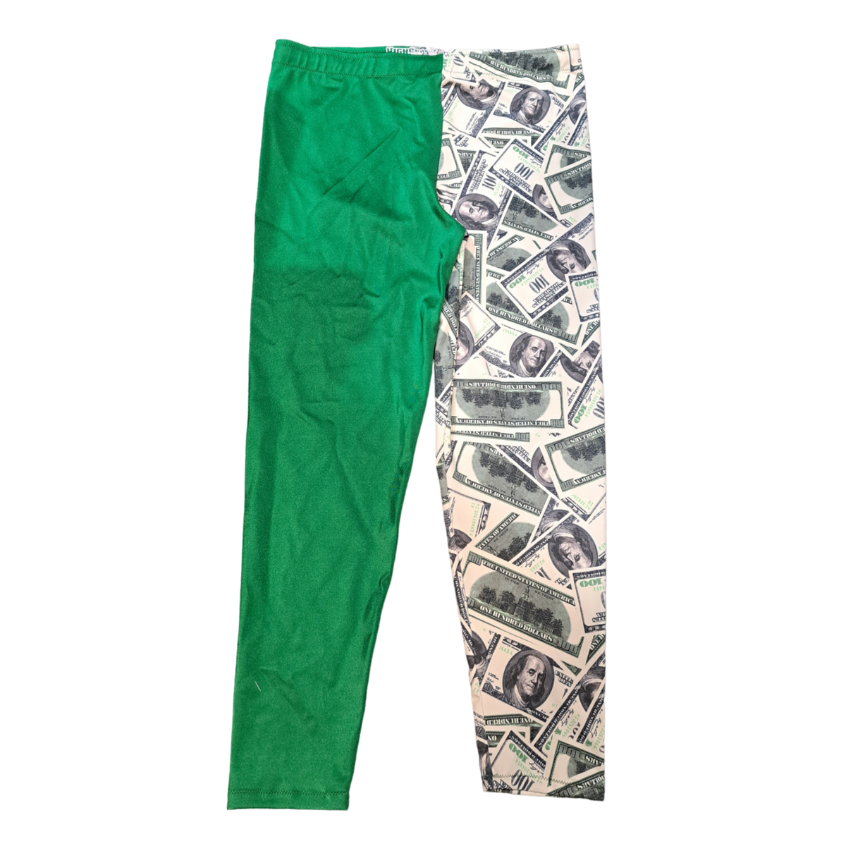 Money Print/ Solid Green Long Tights —