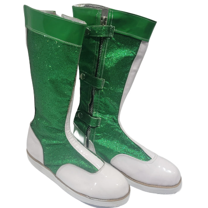 Green Glitter w/ White Patent Zipper Elite Wrestling Boots (Size 10)
