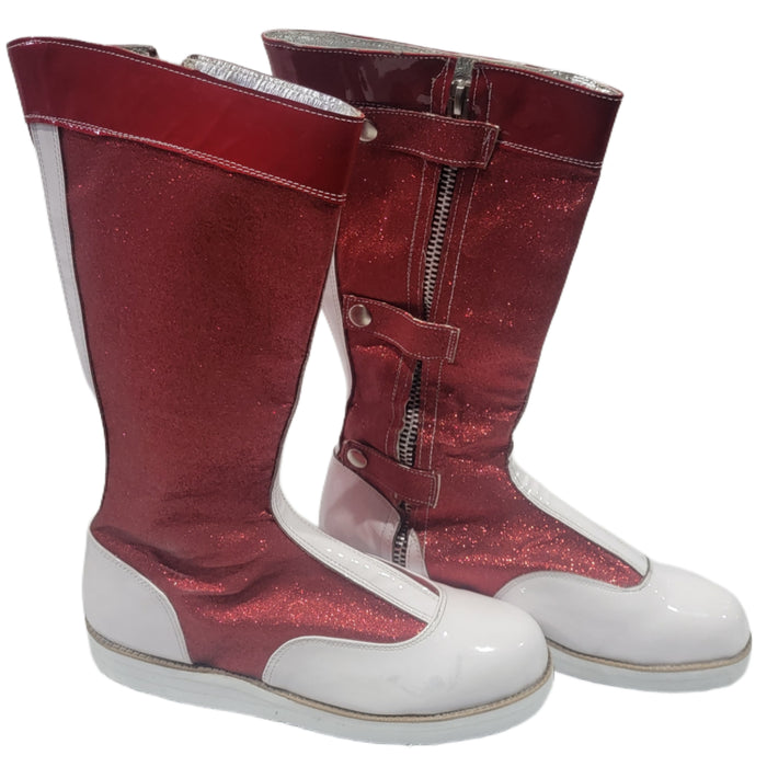 Red Glitter w/ White Patent Zipper Elite Wrestling Boots (Size 10)