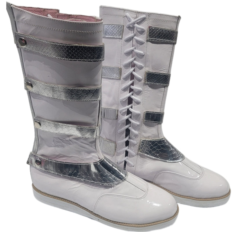 White Patent w/ Silver Strap Elite Wrestling Boots (Size 11)