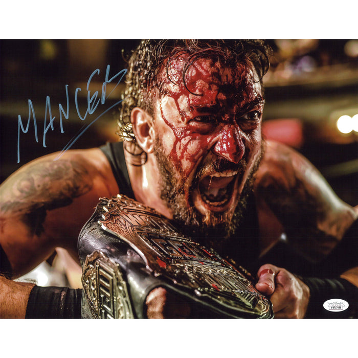 Mance Warner Bloody holding GCW championship 11x14 JSA Autographed
