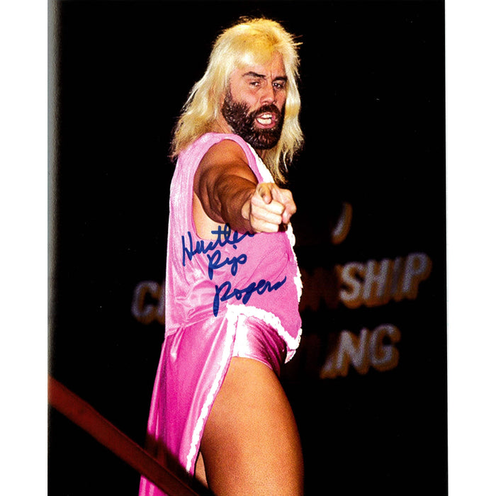 Rip Rogers Pink gear top rope point 8x10 Autographed