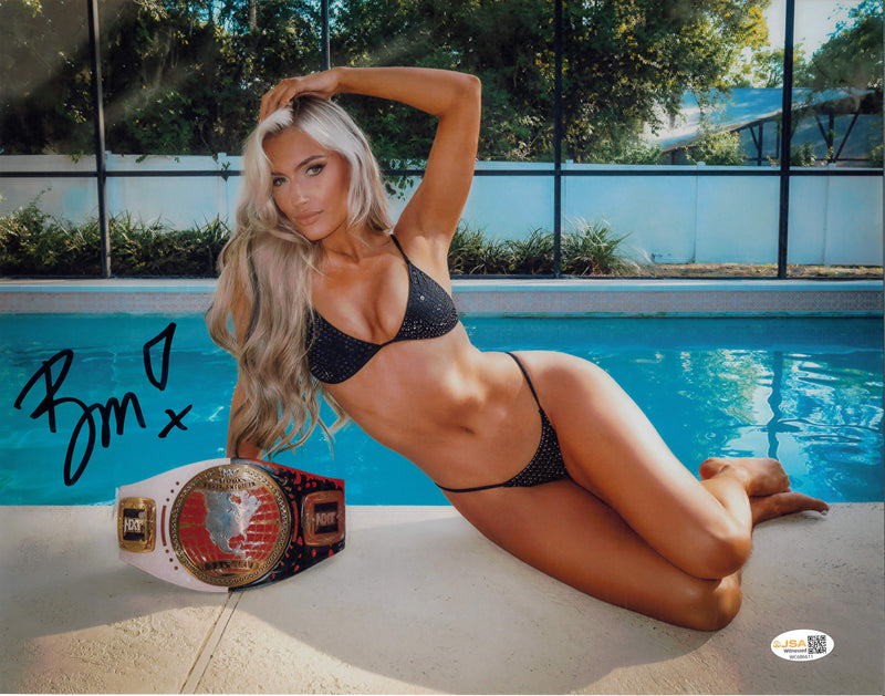 Blake Monroe w/ Belt Laying By Pool 11x14 Metallic Poster - JSA AUTOGRAPHED