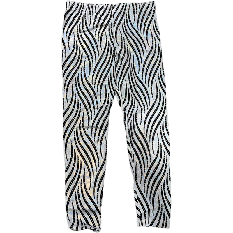 Hologram Spandex with Black Striped Rhinestones Long Tights