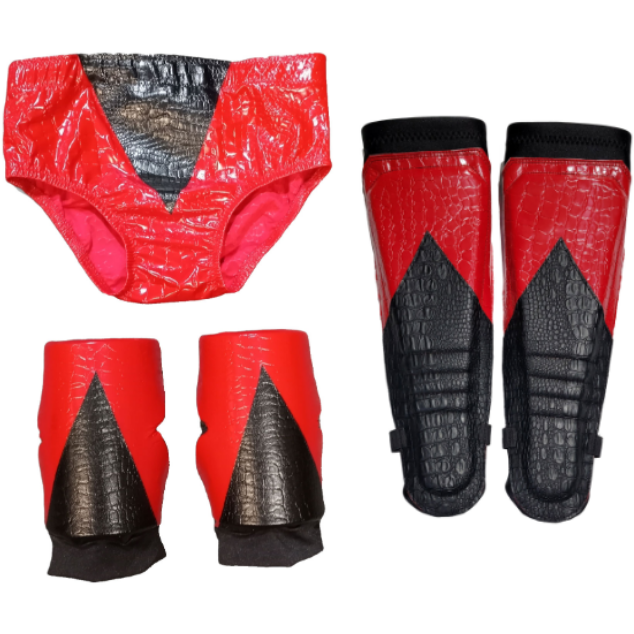Red Crocodile Pleather with Black V Design Trunks-Kneepads