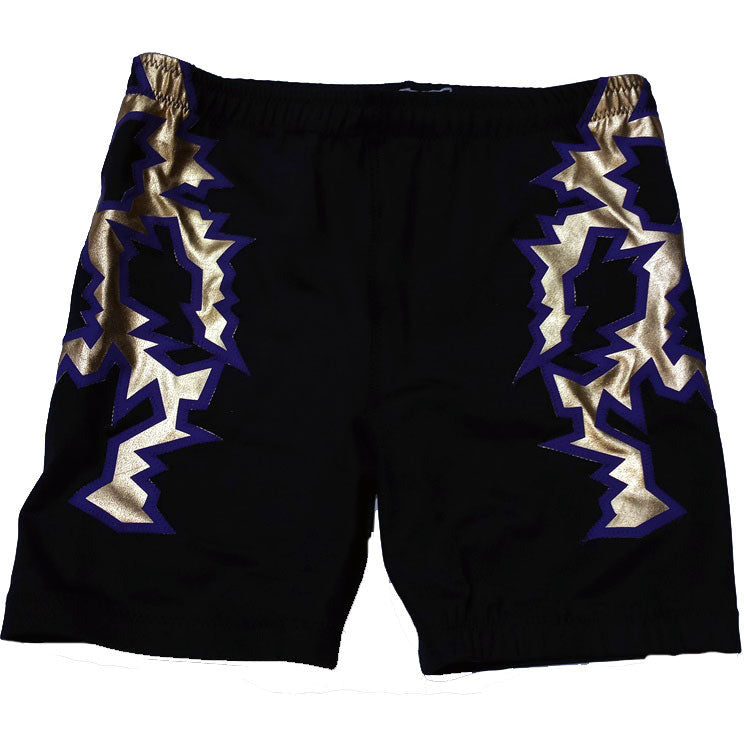 Black with Purple and Gold Metallic Lightning Biker Tights