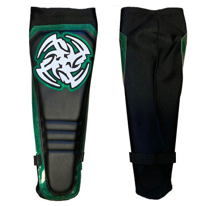 White Blades on Black with Green Sparkle Outline on Black Kickpads