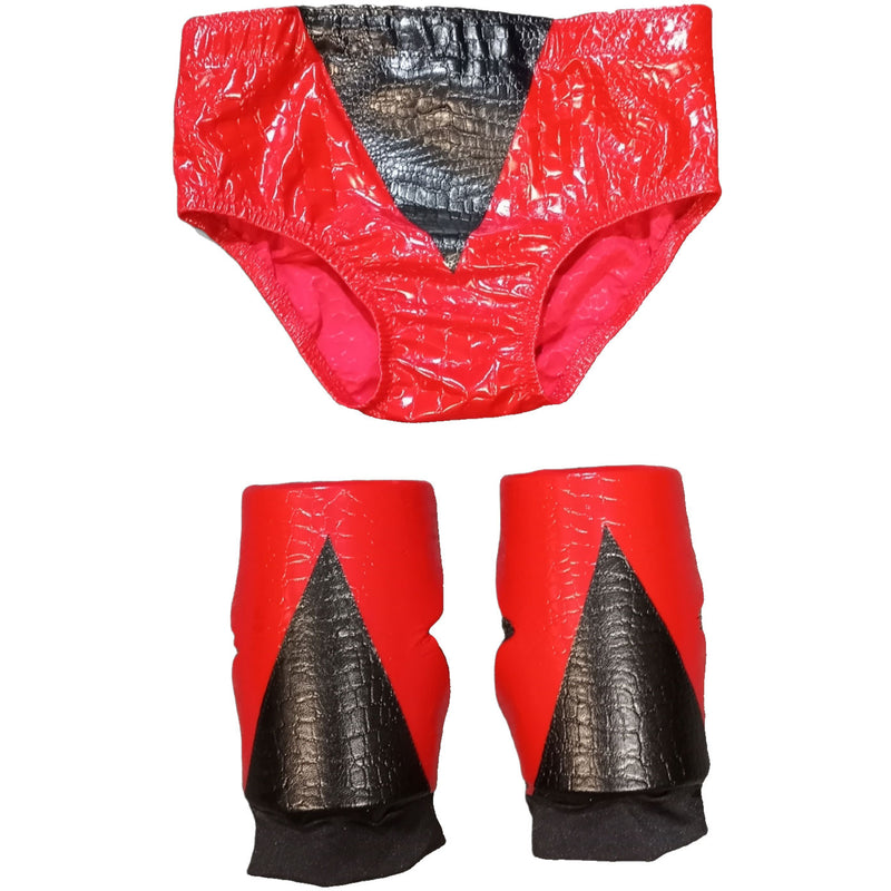 Red Crocodile Pleather with Black V Design Trunks and Kneepads Set