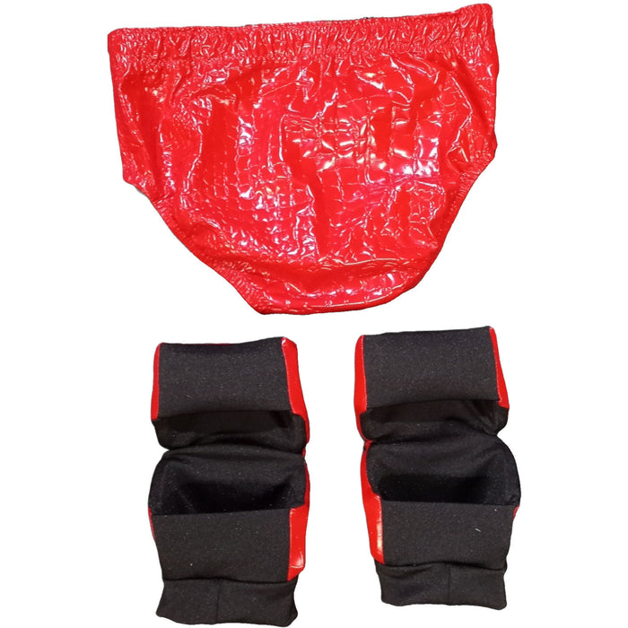 Red Crocodile Pleather with Black V Design Trunks and Kneepads Set