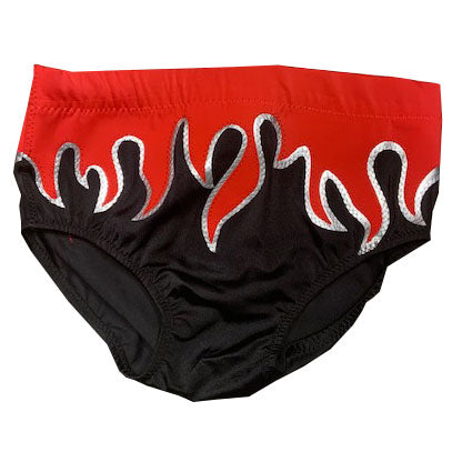 Black with Red Flames Silver Outline Trunks