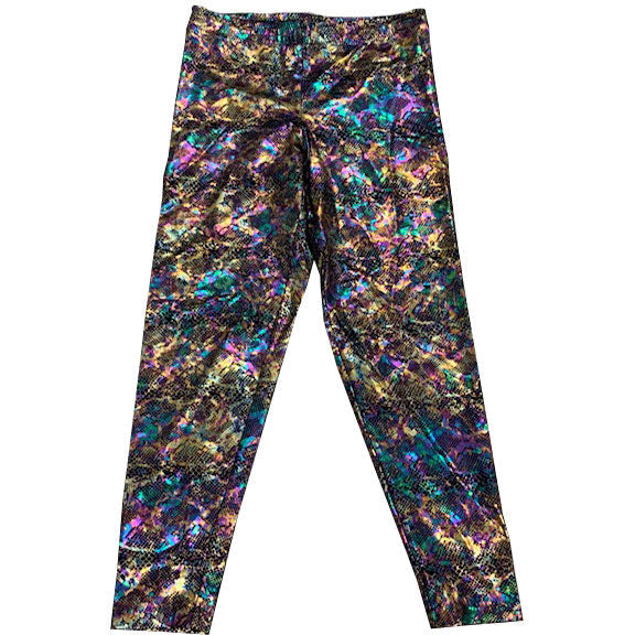 Multicolored Oil Slick Holographic Foil Snake Pattern Long Tights