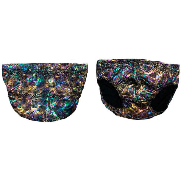 Multicolored Oil Slick Holographic Foil Snake Pattern Trunks