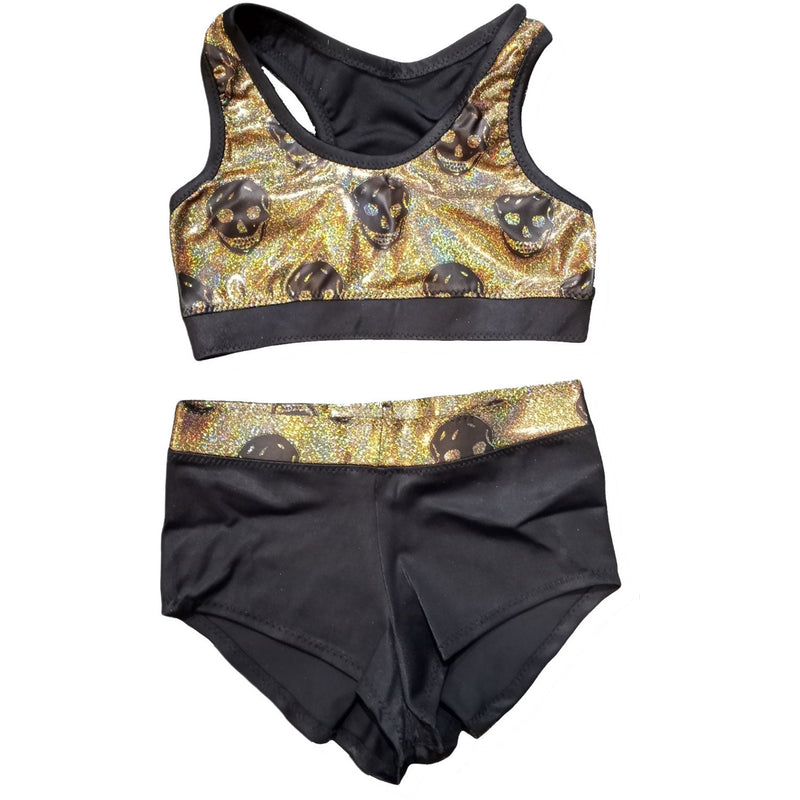 Black and Gold Hologram Skull Print Womens Gear Set
